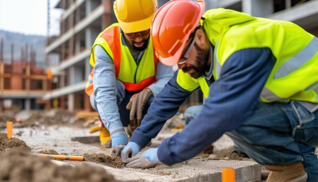 An image of a construction site with workers in hard hats and high visibility vests, collaborating and working together to bring a project to life